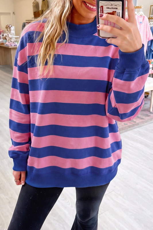 Rose Stripe Colorblock Mock Neck Relaxed Sweatshirt-Tops/Sweatshirts & Hoodies-[Adult]-[Female]-Rose Stripe-S-2022 Online Blue Zone Planet