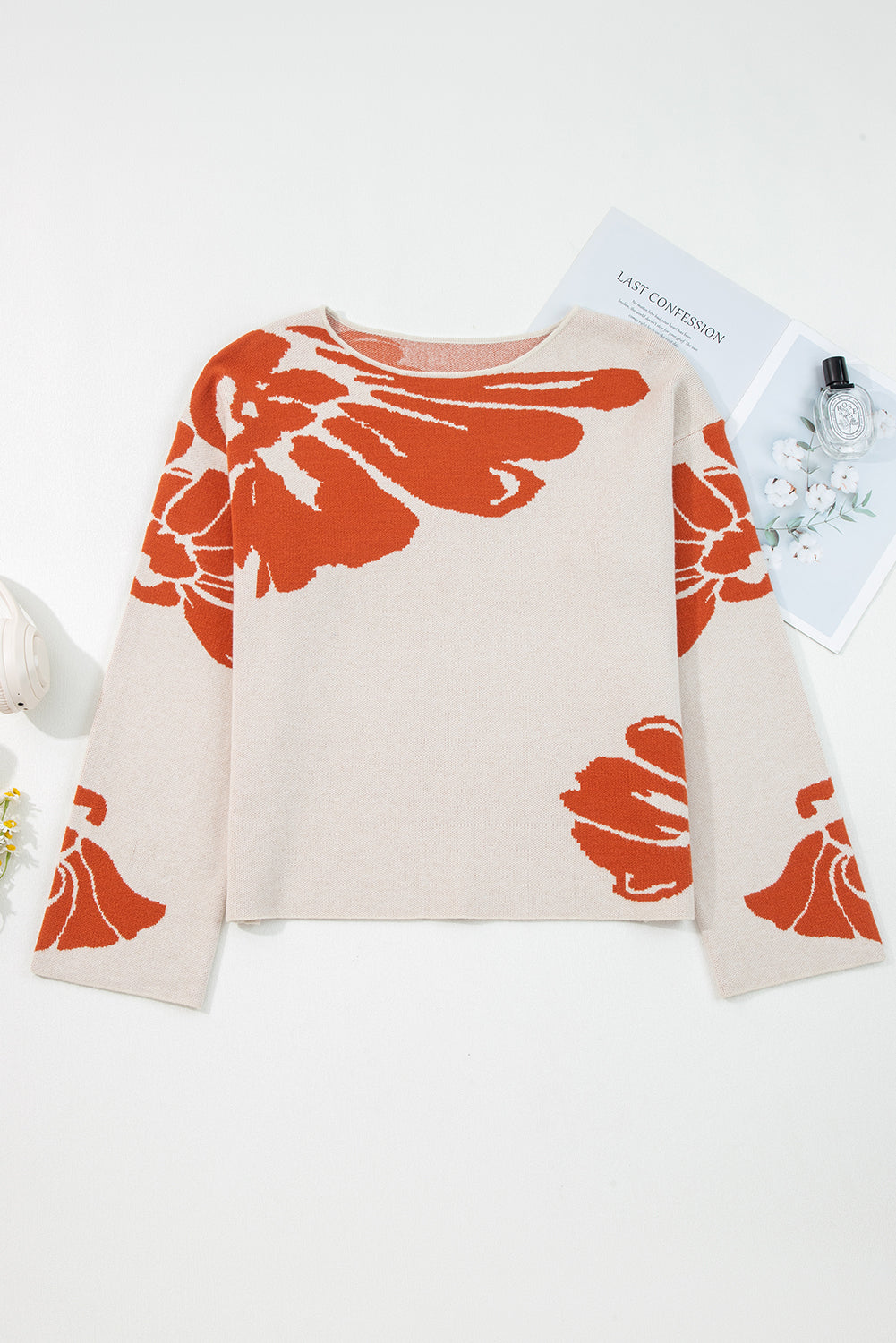 Beige Bold Flower Pattern Wide Sleeve Baggy Sweater-Sweaters & Cardigans/Sweaters-[Adult]-[Female]-Beige-S-2022 Online Blue Zone Planet
