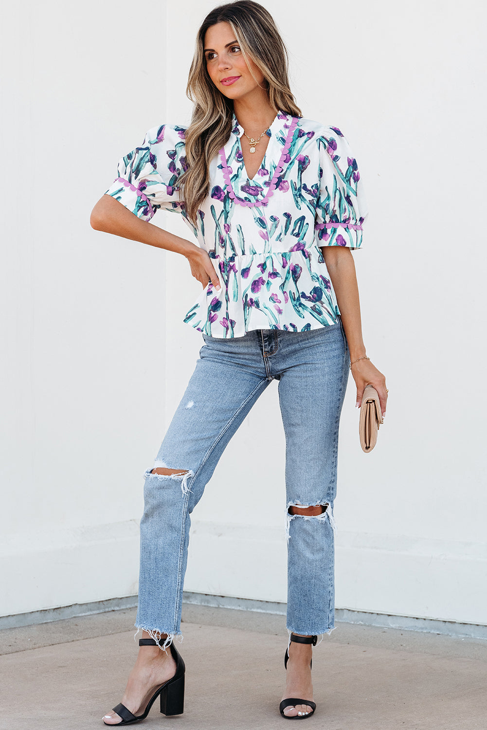 Purple Floral Ricrac Trim Half Sleeve Peplum Top-Tops/Blouses & Shirts-[Adult]-[Female]-2022 Online Blue Zone Planet