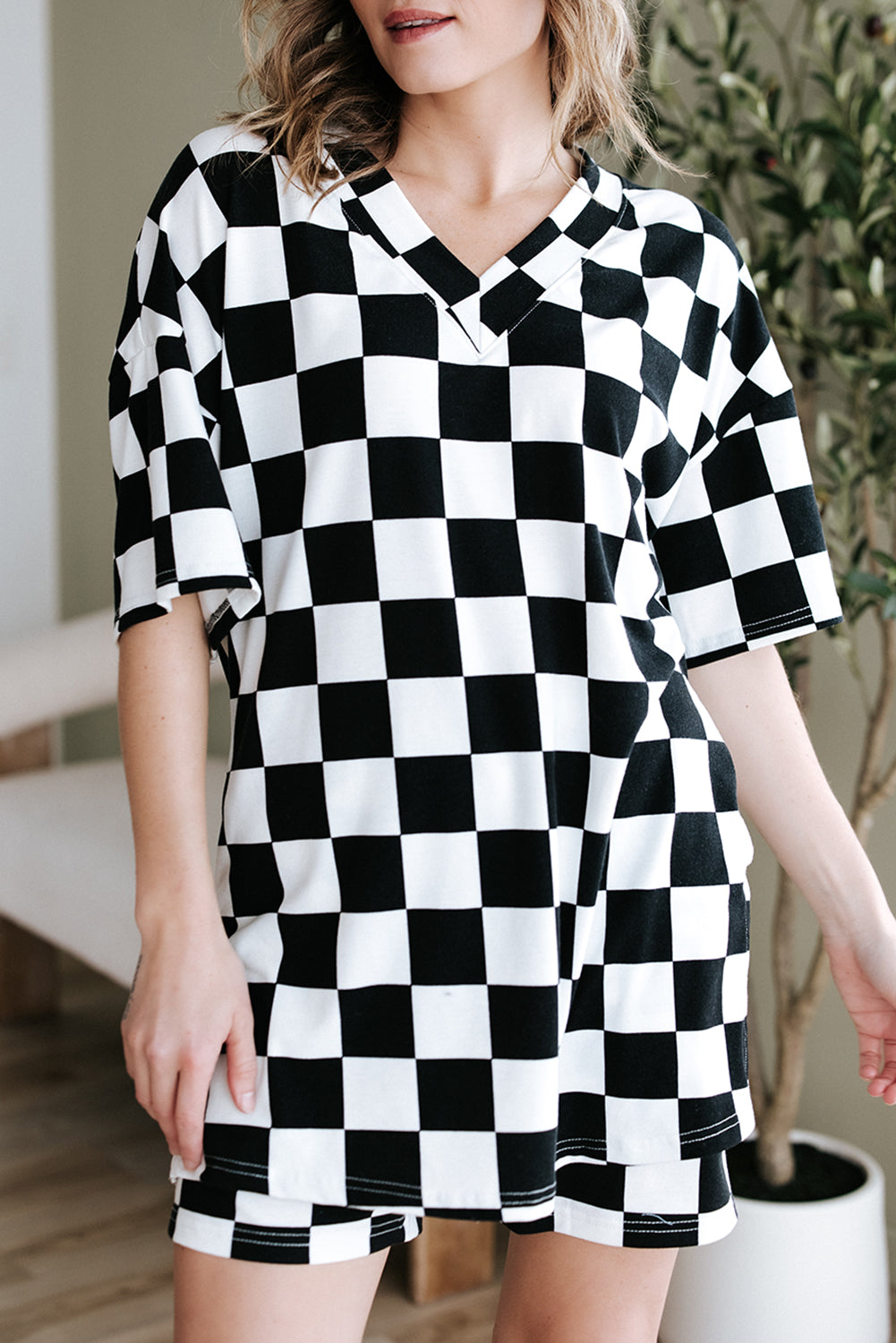 Blue Zone Planet | Black Checkerboard Print V Neck Loose Tee and Shorts Lounge Set-Loungewear & Sleepwear/Loungewear-[Adult]-[Female]-2022 Online Blue Zone Planet