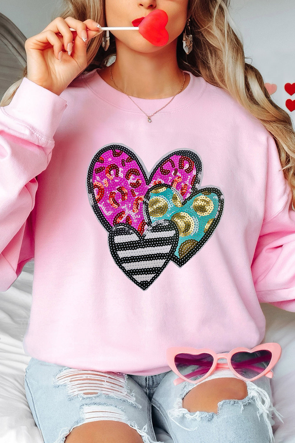 Pink Leopard Heart Patched Graphic Valentines Pullover Sweatshirt-Graphic Sweatshirts-[Adult]-[Female]-2022 Online Blue Zone Planet