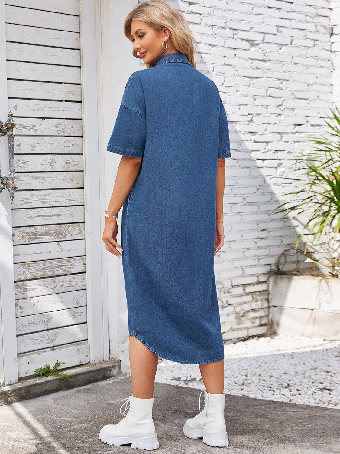 Button Down Half Sleeve Denim Dress-TOPS / DRESSES-[Adult]-[Female]-2022 Online Blue Zone Planet