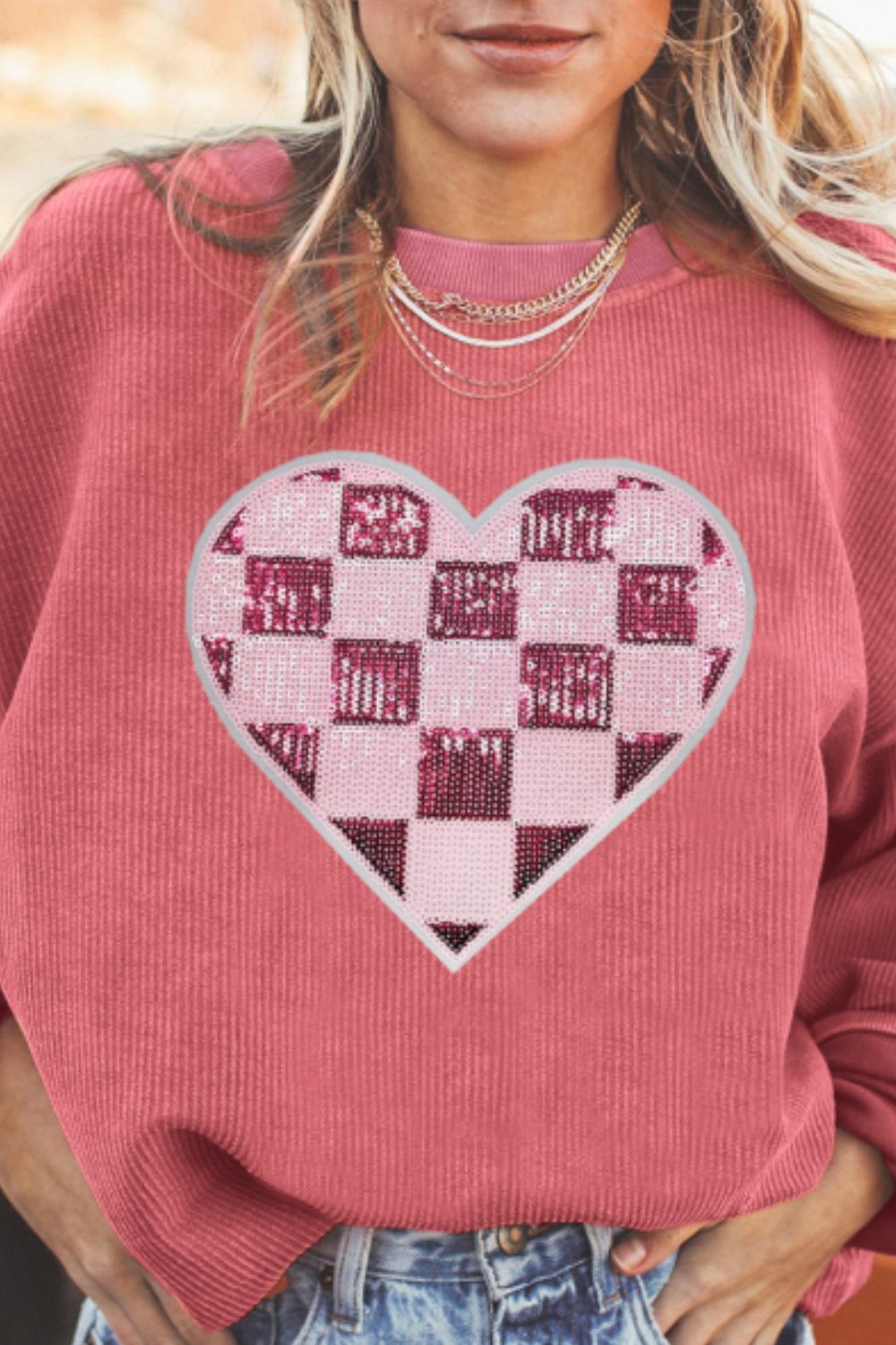 Valentine’s Day Sequin Checkered Heart Long Sleeve Sweatshirt-TOPS / DRESSES-[Adult]-[Female]-2022 Online Blue Zone Planet