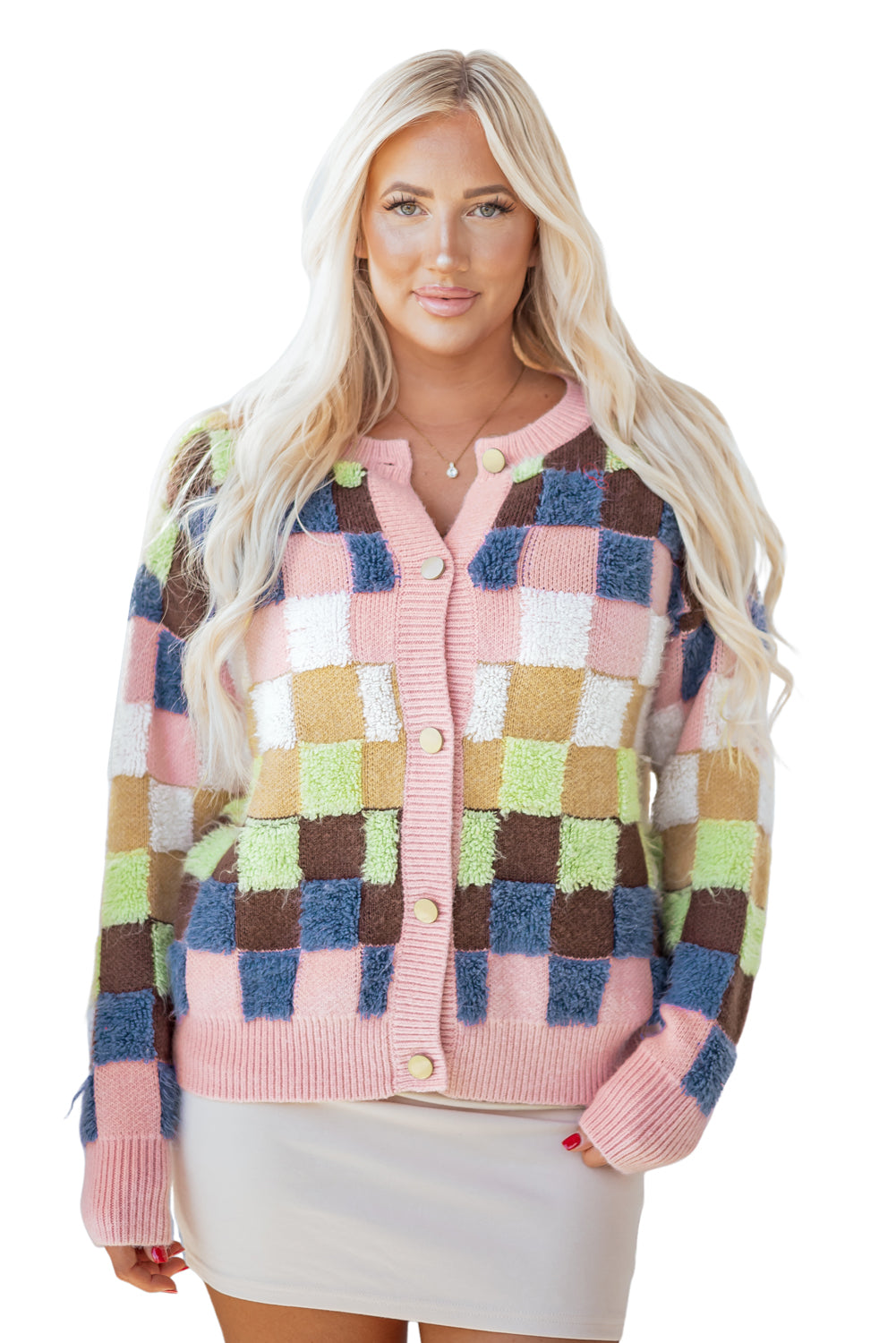 Multicolour Plush Checkered Pattern Button Front Cardigan Sweater-Sweaters & Cardigans/Cardigans-[Adult]-[Female]-2022 Online Blue Zone Planet