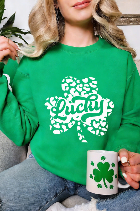 Dark Green Lucky Leopard Clover Dropped Shoulder Sweatshirt-Graphic Sweatshirts-[Adult]-[Female]-Dark Green-2XL-2022 Online Blue Zone Planet