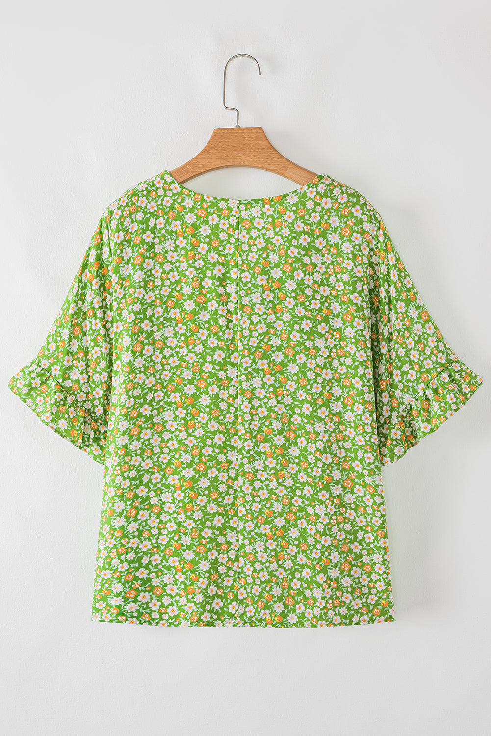 Green Floral Print Ruffle Sleeve V Neck Blouse Top-Tops/Blouses & Shirts-[Adult]-[Female]-2022 Online Blue Zone Planet