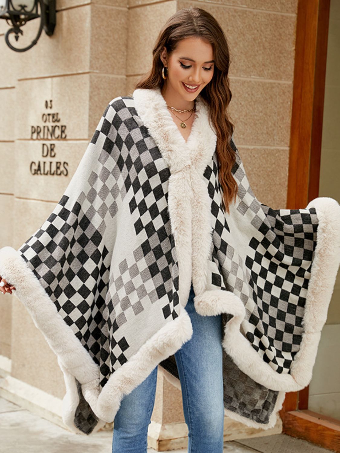 Fuzzy Checkered Long Sleeve Poncho-TOPS / DRESSES-[Adult]-[Female]-2022 Online Blue Zone Planet