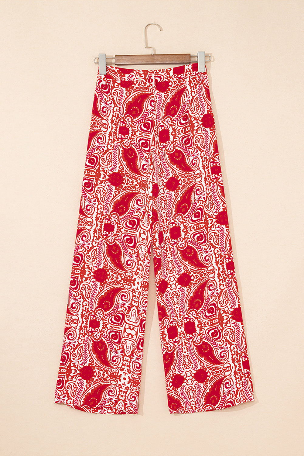 Blue Zone Planet | Red Paisley Printed Buttoned High Waist Straight Leg Pants-Bottoms/Pants & Culotte-[Adult]-[Female]-2022 Online Blue Zone Planet