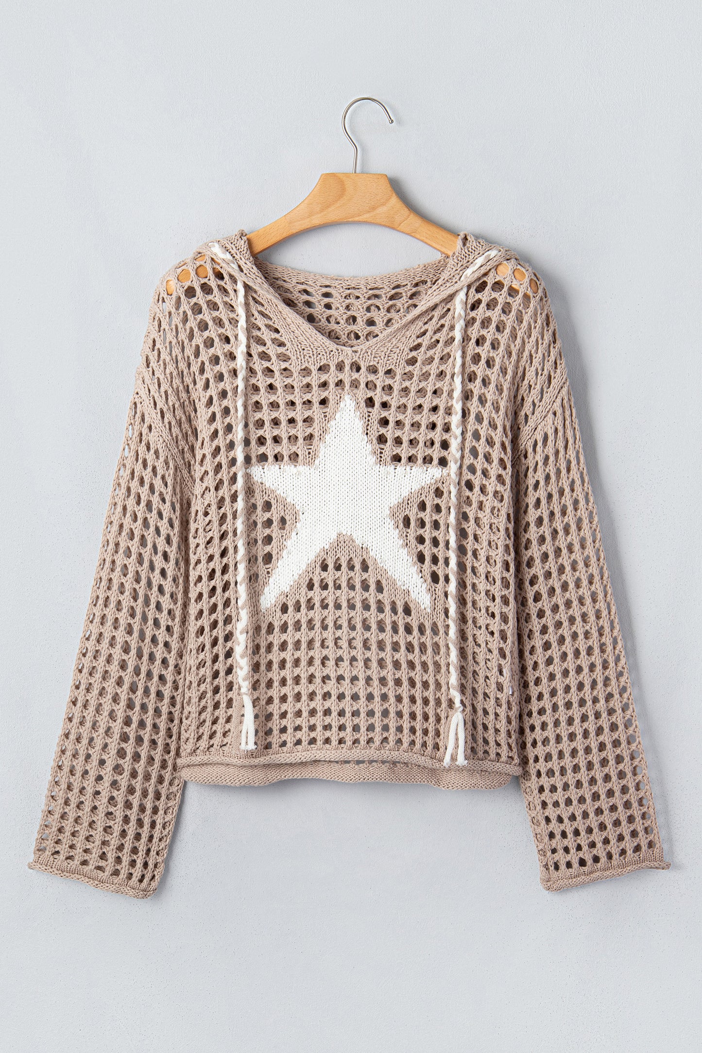 Sage Green Star Pattern Crochet Hooded Drawstring Sweater-TOPS / DRESSES-[Adult]-[Female]-2022 Online Blue Zone Planet