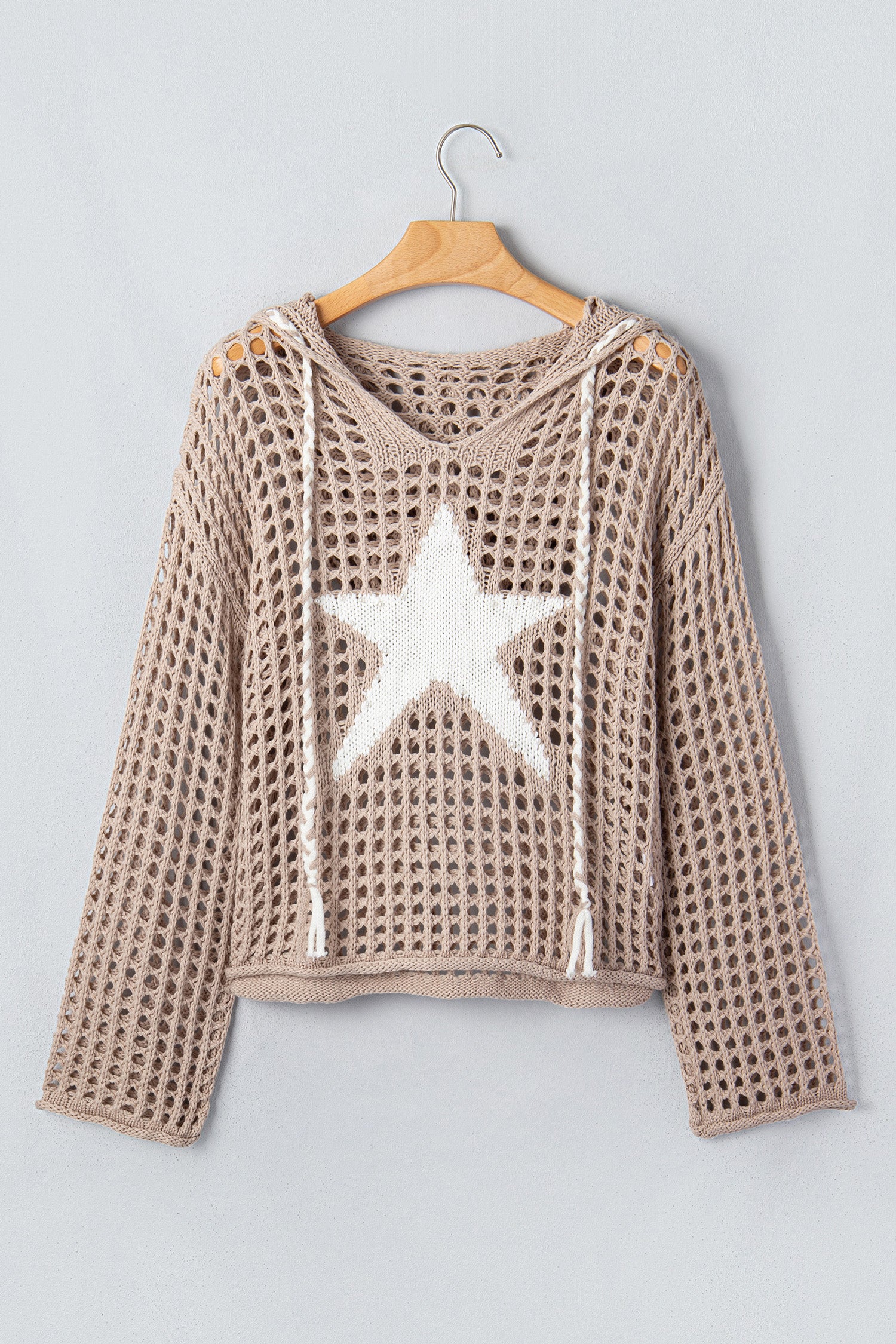 Sage Green Star Pattern Crochet Hooded Drawstring Sweater-TOPS / DRESSES-[Adult]-[Female]-2022 Online Blue Zone Planet