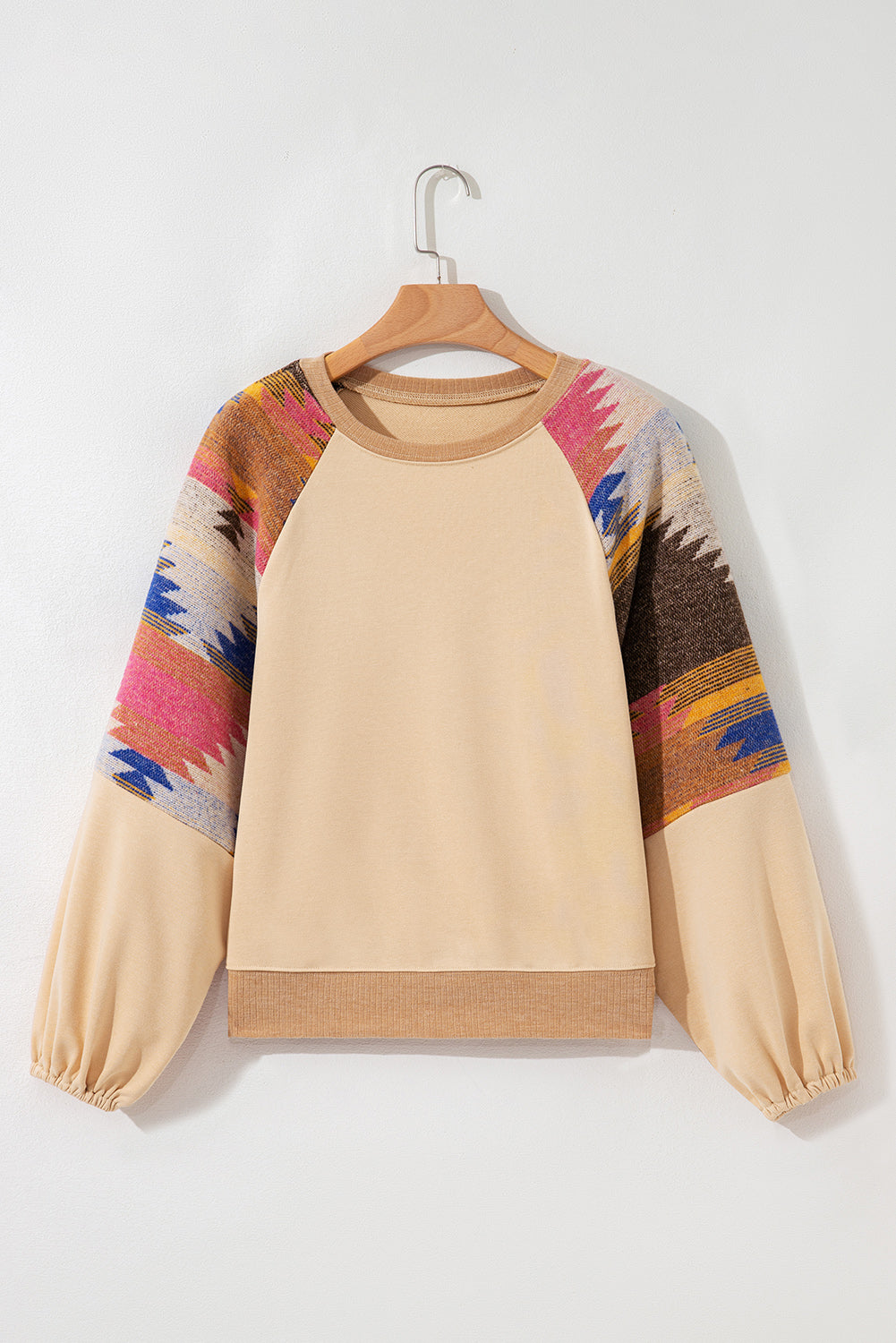 Light French Beige Aztec Patchwork Raglan Pullover Sweatshirt-Tops/Sweatshirts & Hoodies-[Adult]-[Female]-2022 Online Blue Zone Planet