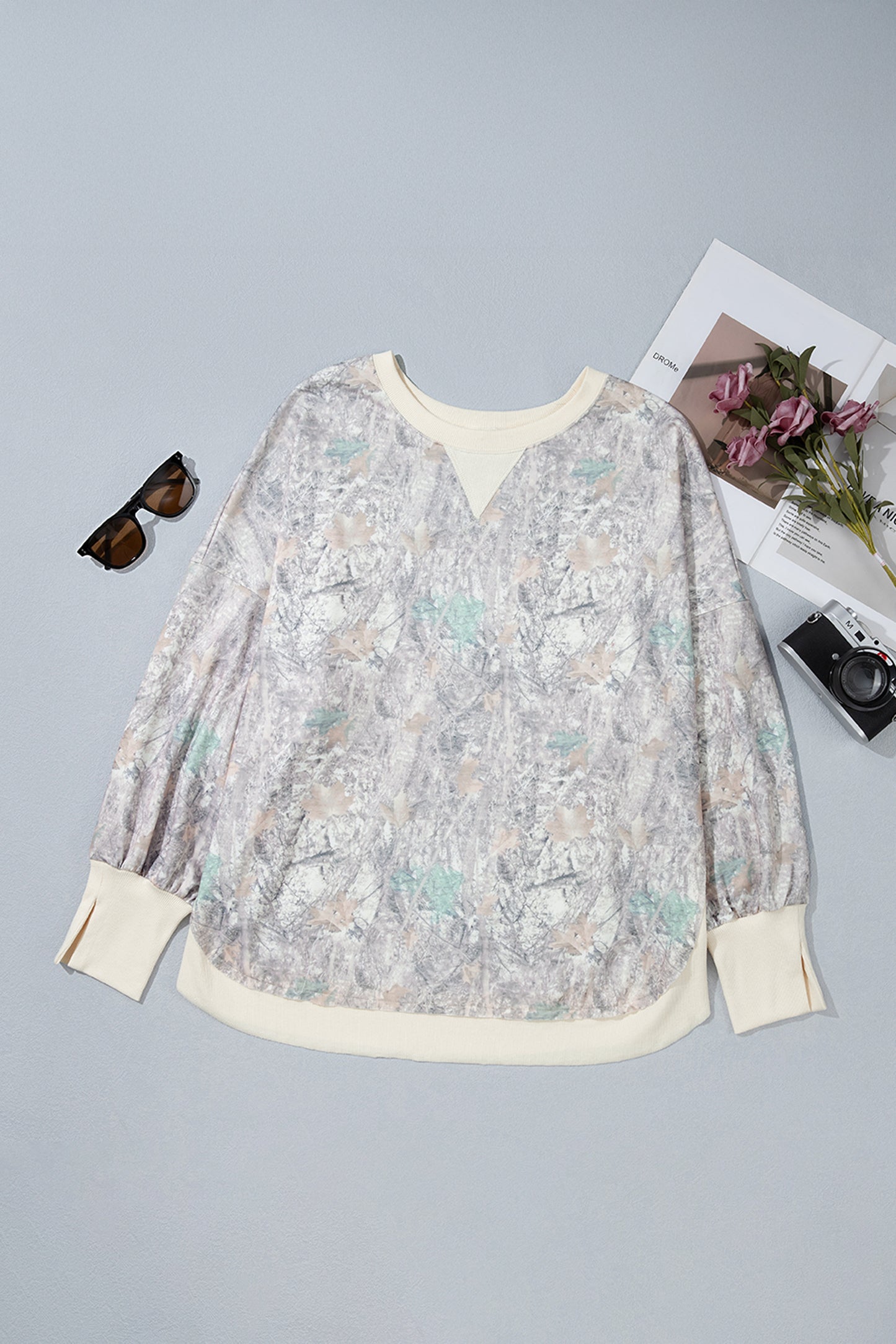 Khaki Camouflage Print Round Neck Long Sleeve Shift Plus Size Sweatshirt-Plus Size/Plus Size Sweatshirts & Hoodies-[Adult]-[Female]-2022 Online Blue Zone Planet