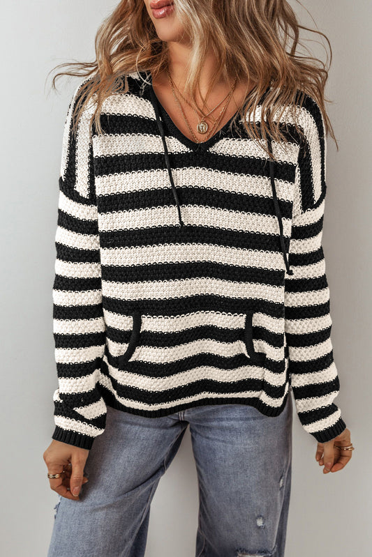 White Stripe V Neck Pocketed Drawstring Hooded Sweater-Tops / Dresses-[Adult]-[Female]-White Stripe-S-2022 Online Blue Zone Planet