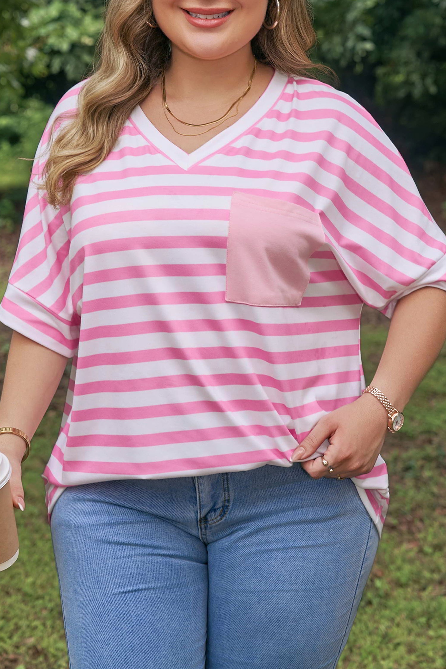 Pink Stripe Colorblock Patched Pocket V Neck Plus Size Tee-Plus Size/Plus Size Tops/Plus Size Tops & Tees-[Adult]-[Female]-2022 Online Blue Zone Planet
