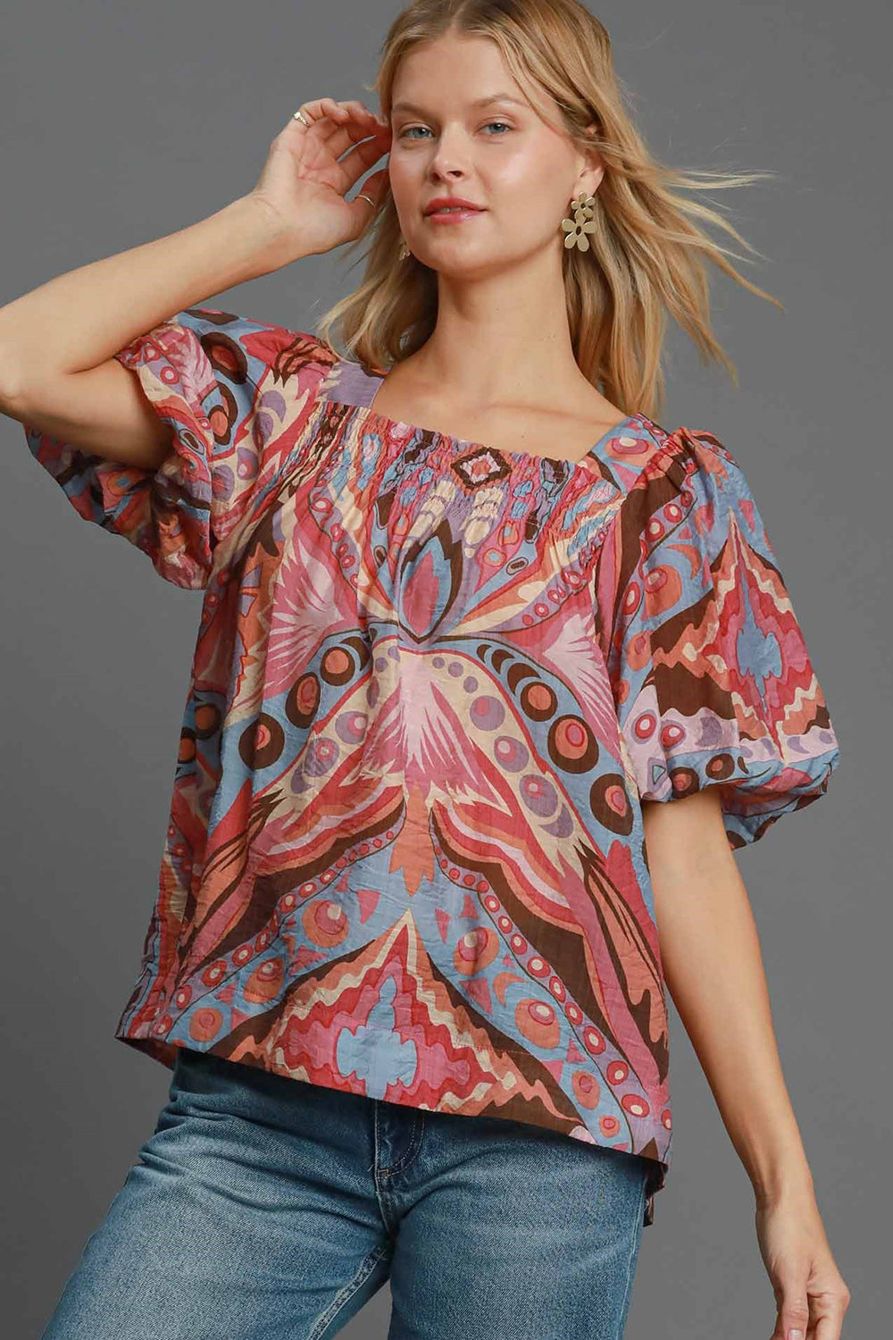 Umgee Full Size Abstract Print Smocked Square Neck Puff Sleeve Blouse-TOPS / DRESSES-[Adult]-[Female]-Pink Mix-S-2022 Online Blue Zone Planet