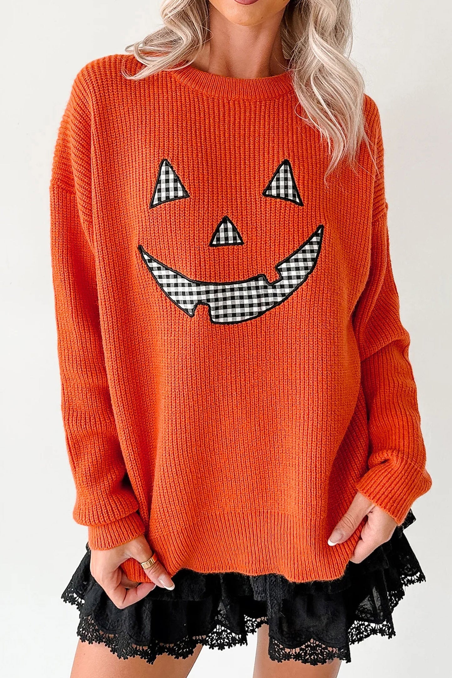 Orange Drop Shoulder Long Sleeve Round Neck Halloween Sweater-Sweaters & Cardigans/Sweaters-[Adult]-[Female]-2022 Online Blue Zone Planet