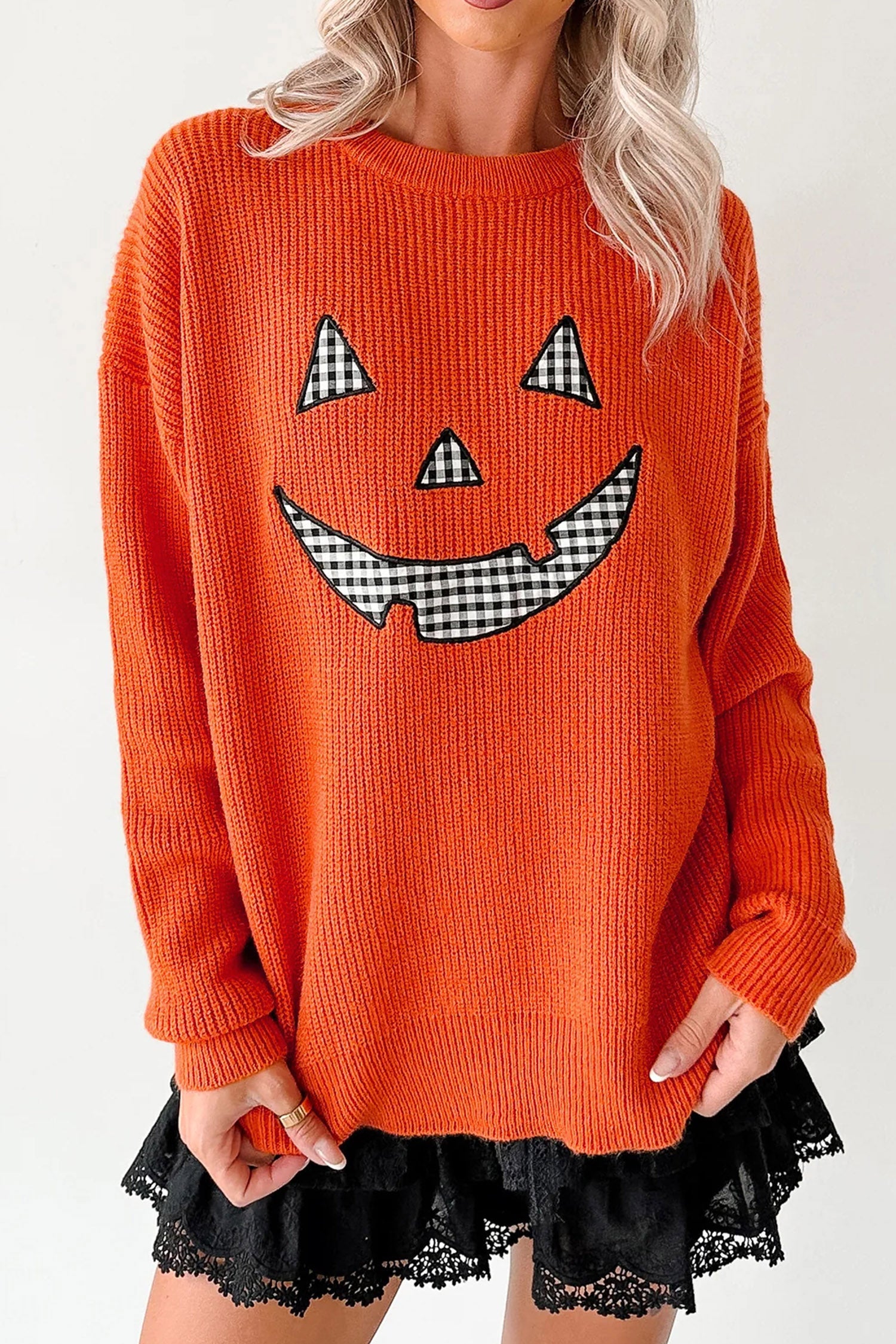 Orange Drop Shoulder Long Sleeve Round Neck Halloween Sweater-Sweaters & Cardigans/Sweaters-[Adult]-[Female]-2022 Online Blue Zone Planet