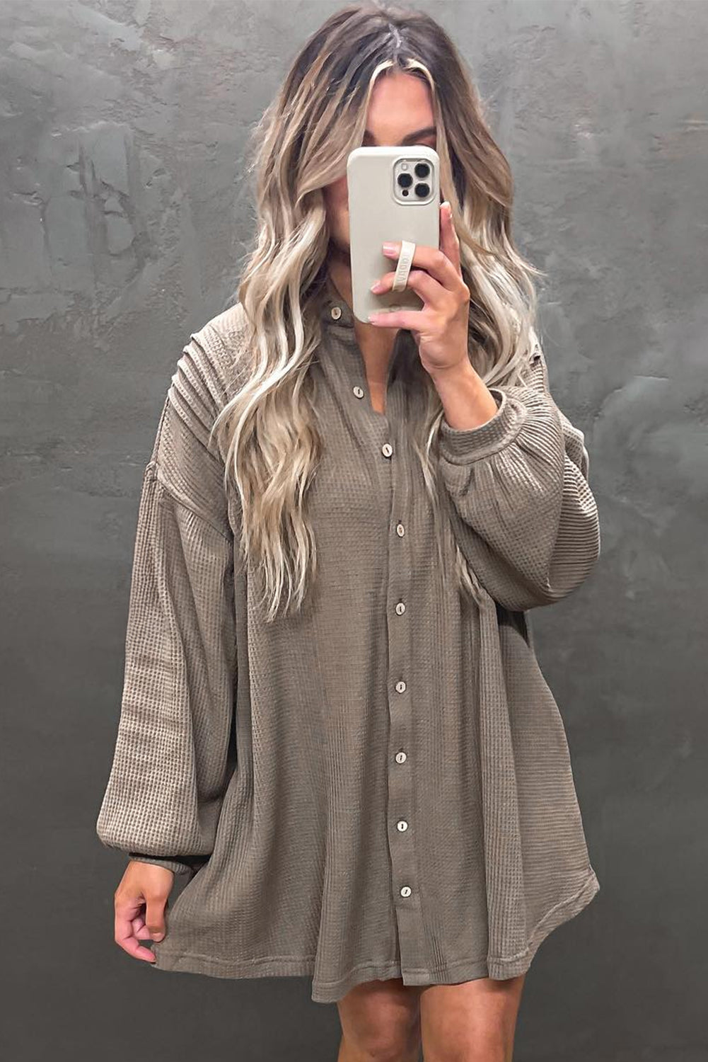 Simply Taupe Waffle Knit Shirt Tunic Dress-Dresses/Mini Dresses-[Adult]-[Female]-2022 Online Blue Zone Planet