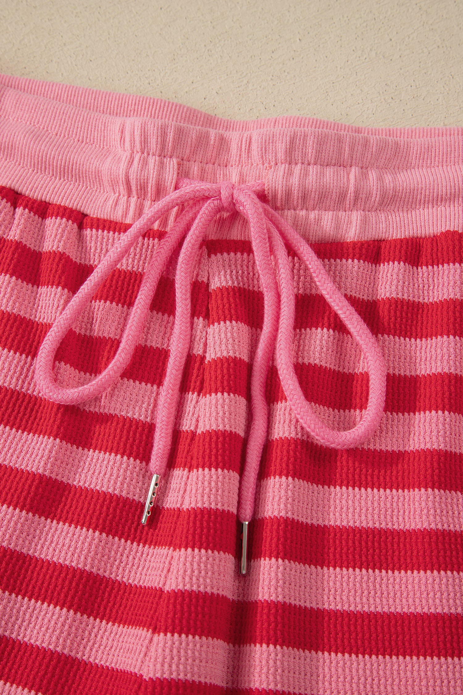 Red Stripe Puff Short Sleeve T Shirt Matching Shorts Set-Two Piece Sets/Short Sets-[Adult]-[Female]-2022 Online Blue Zone Planet