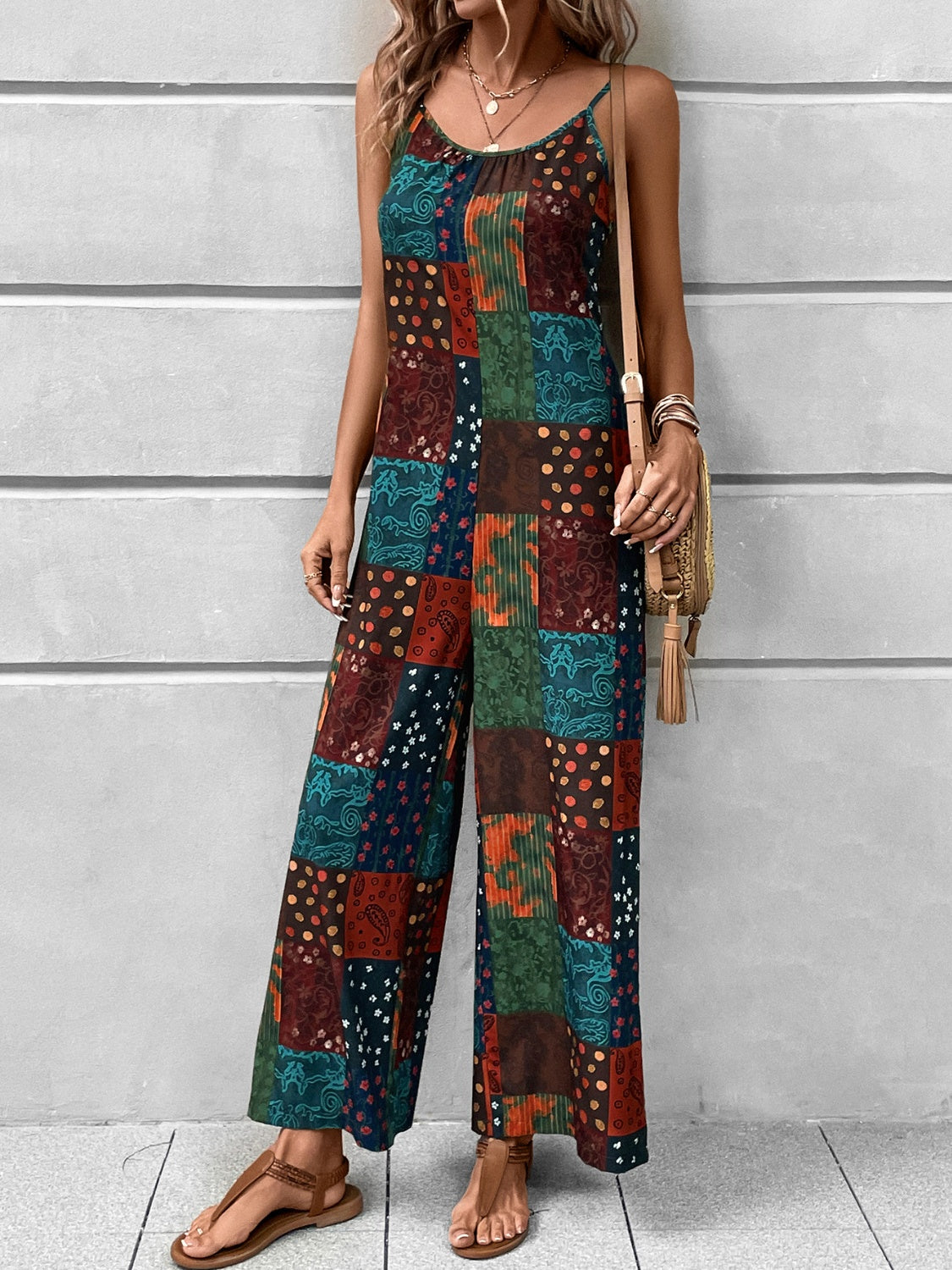 Printed Scoop Neck Spaghetti Strap Jumpsuit-[Adult]-[Female]-2022 Online Blue Zone Planet