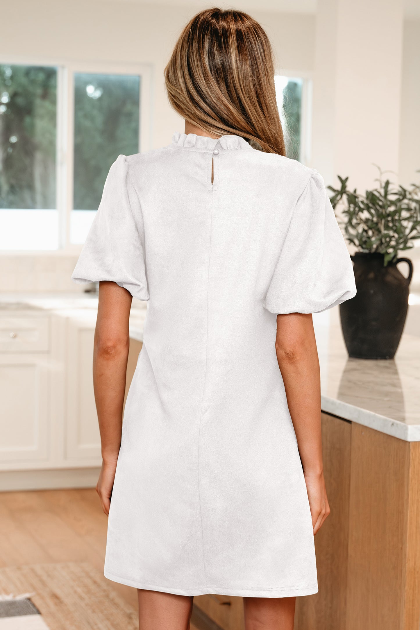White Frilled Round Neck Short Puff Sleeve Shift Mini Dress-Dresses/Mini Dresses-[Adult]-[Female]-2022 Online Blue Zone Planet