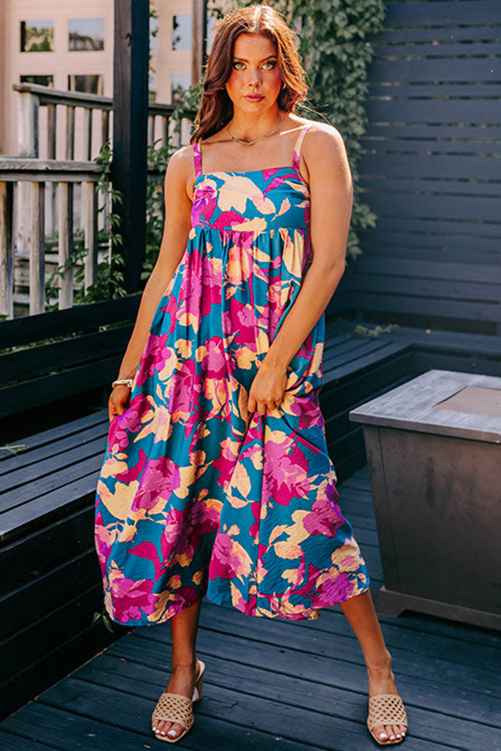 Dark Blue Floral High Waist Sleeveless Flared Long Dress-Dresses/Floral Dresses-[Adult]-[Female]-2022 Online Blue Zone Planet