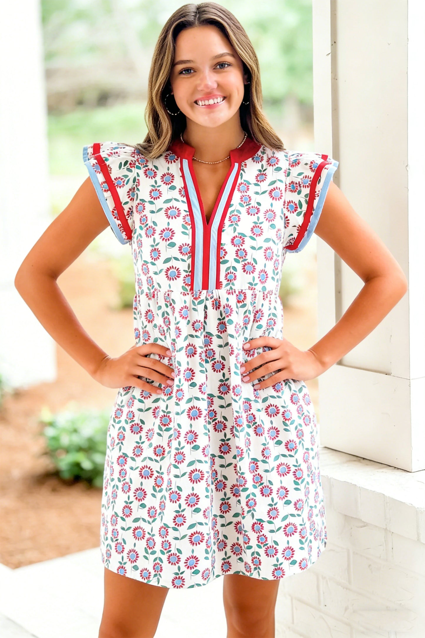 Sky Blue Floral Print Contrast Trim Flutter Sleeve Mini Dress-Dresses/Floral Dresses-[Adult]-[Female]-2022 Online Blue Zone Planet