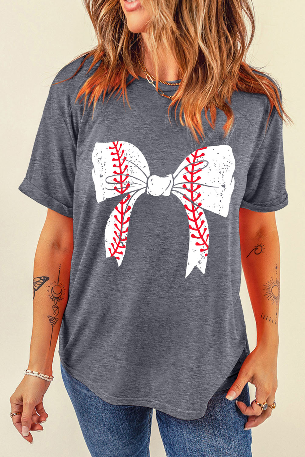 Gray Baseball Bowknot Graphic Casual Tee-Graphic/Graphic Tees-[Adult]-[Female]-2022 Online Blue Zone Planet