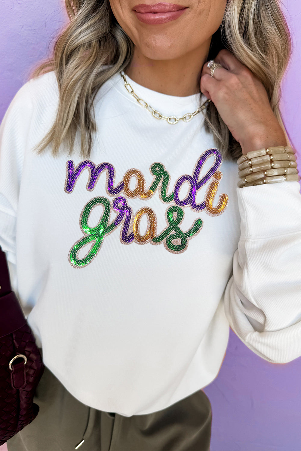 White Sequined mardi gras Graphic Crew Neck Drop Shoulder Sweatshirt-Graphic/Graphic Sweatshirts-[Adult]-[Female]-White-S-2022 Online Blue Zone Planet