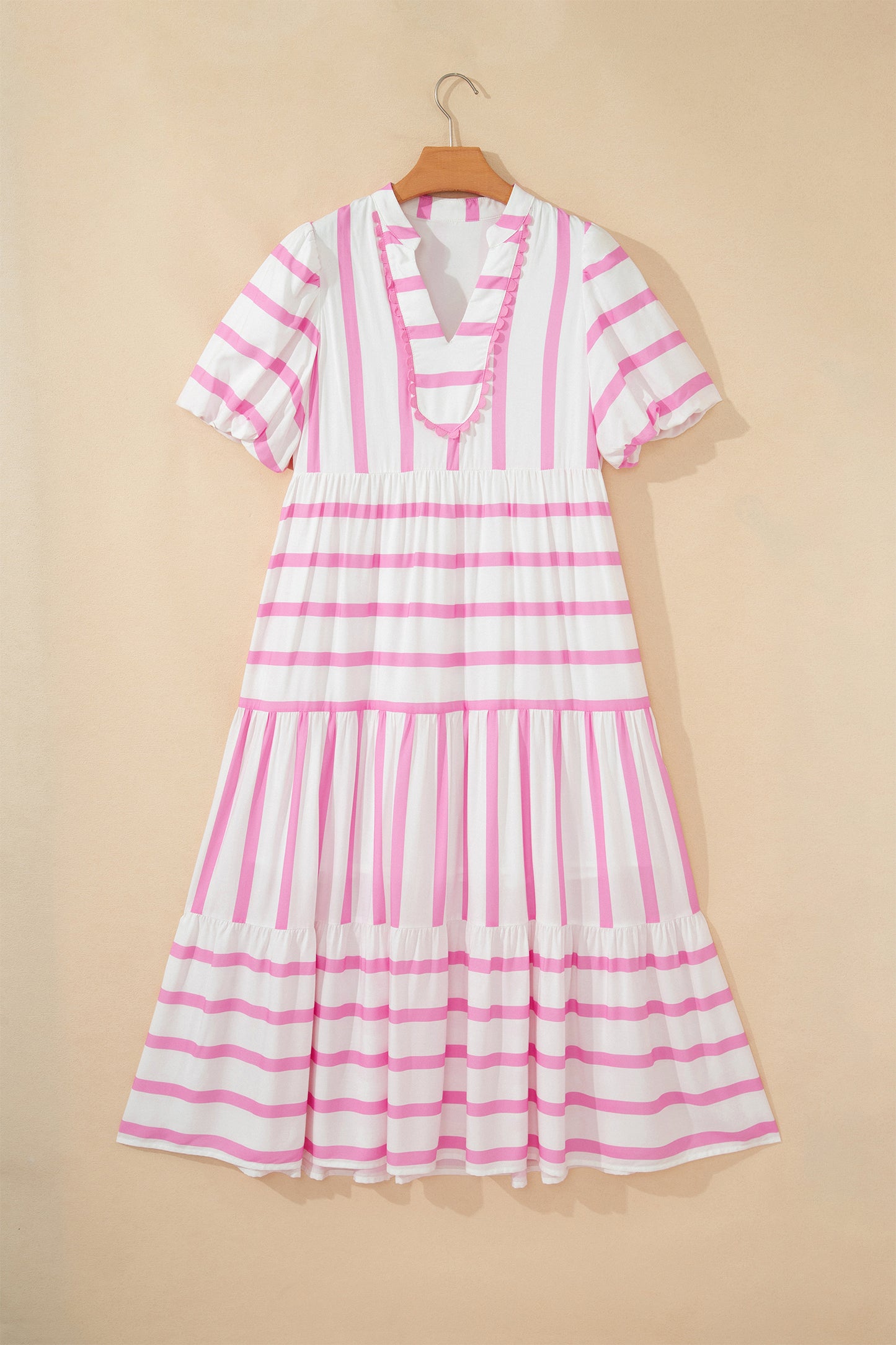 Pink Stripe Ricrac Trim Notched Neck Half Sleeve Vacation Dress-TOPS / DRESSES-[Adult]-[Female]-2022 Online Blue Zone Planet