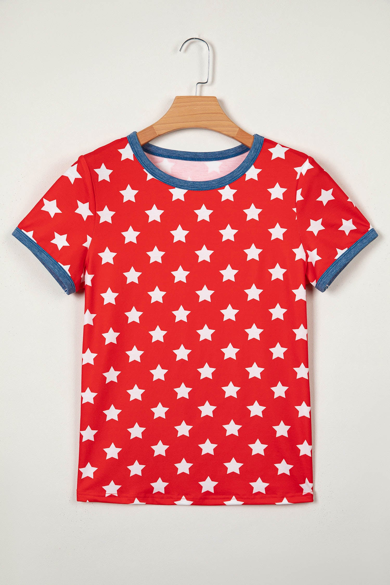 Red Stars Print Colorblock Binding Tape Collar Cuff Viscose Tunic Top-Tops/Tops & Tees-[Adult]-[Female]-2022 Online Blue Zone Planet