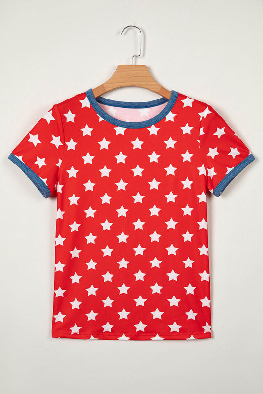 Red Stars Print Colorblock Binding Tape Collar Cuff Viscose Tunic Top-Tops/Tops & Tees-[Adult]-[Female]-2022 Online Blue Zone Planet