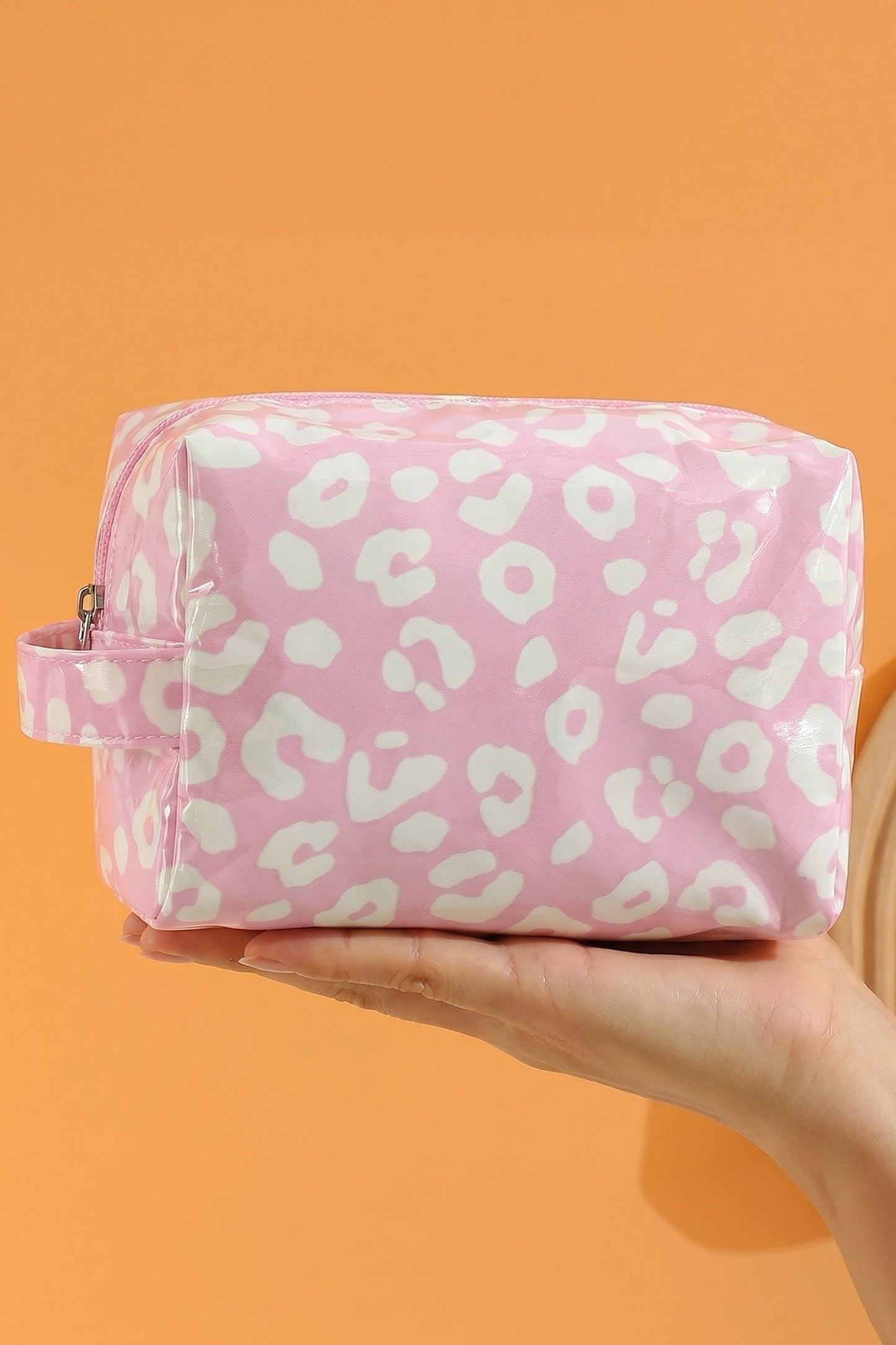 Light Pink Leopard Print PVC Travel Makeup Organizer Cosmetic Bag