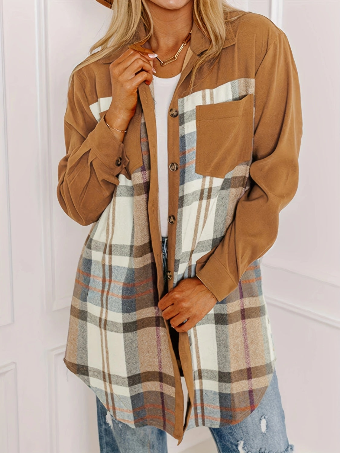 Plaid Collared Neck Long Sleeve Jacket-TOPS / DRESSES-[Adult]-[Female]-Caramel-S-2022 Online Blue Zone Planet