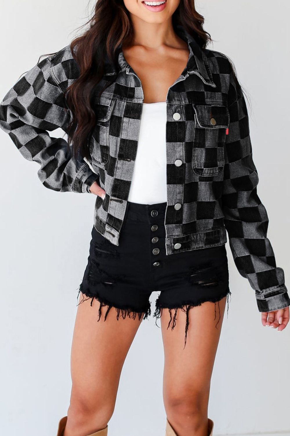 Checkered Button Up Denim Jacket-TOPS / DRESSES-[Adult]-[Female]-2022 Online Blue Zone Planet