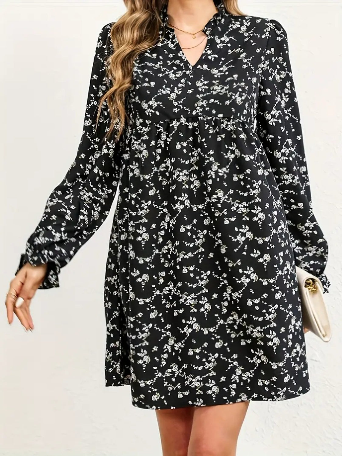 Blue Zone Planet |  Ditsy Floral Notched Flounce Sleeve Dress BLUE ZONE PLANET