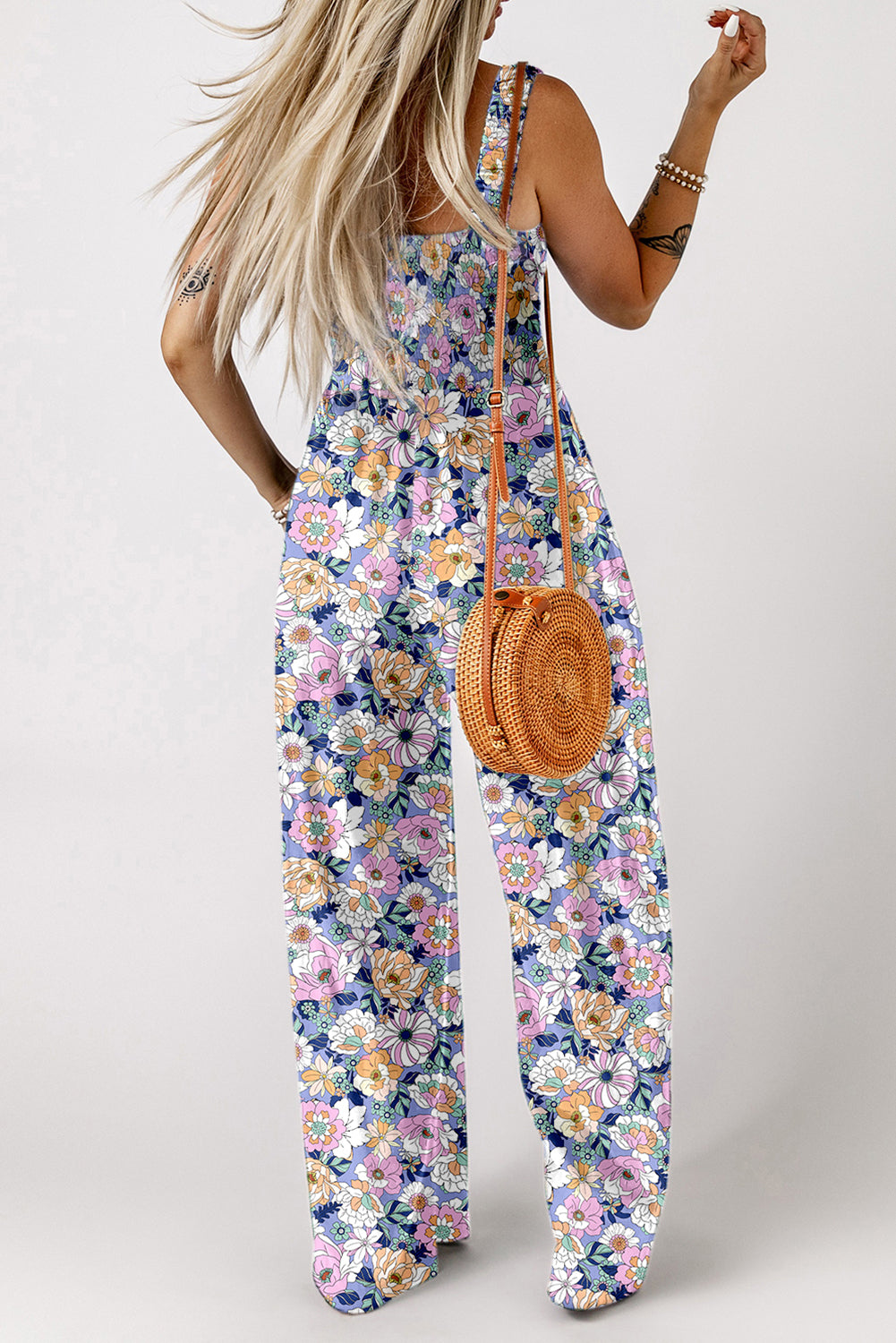 Purple Floral Print Smocked High Waist Square Neck Jumpsuit-Bottoms/Jumpsuits & Rompers-[Adult]-[Female]-2022 Online Blue Zone Planet