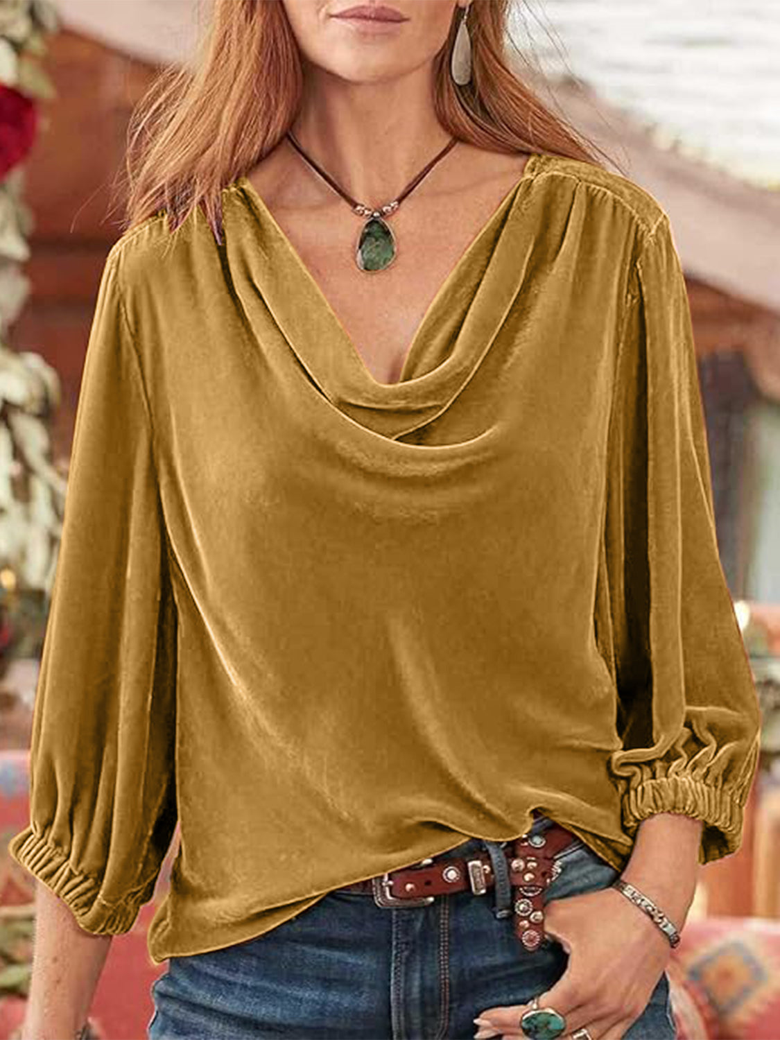 Cowl Neck Three-Quarter Sleeve Top-TOPS / DRESSES-[Adult]-[Female]-2022 Online Blue Zone Planet