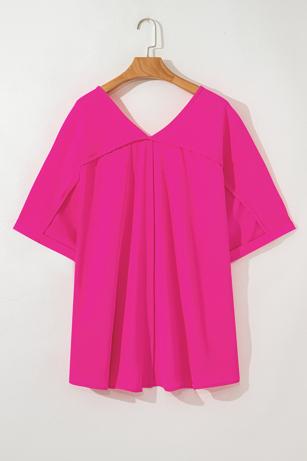 Bright Pink Seamed Back High Low Hem V Neck Cuffed Sleeve Plus Size Tee-Plus Size/Plus Size Tops/Plus Size Tops & Tees-[Adult]-[Female]-2022 Online Blue Zone Planet