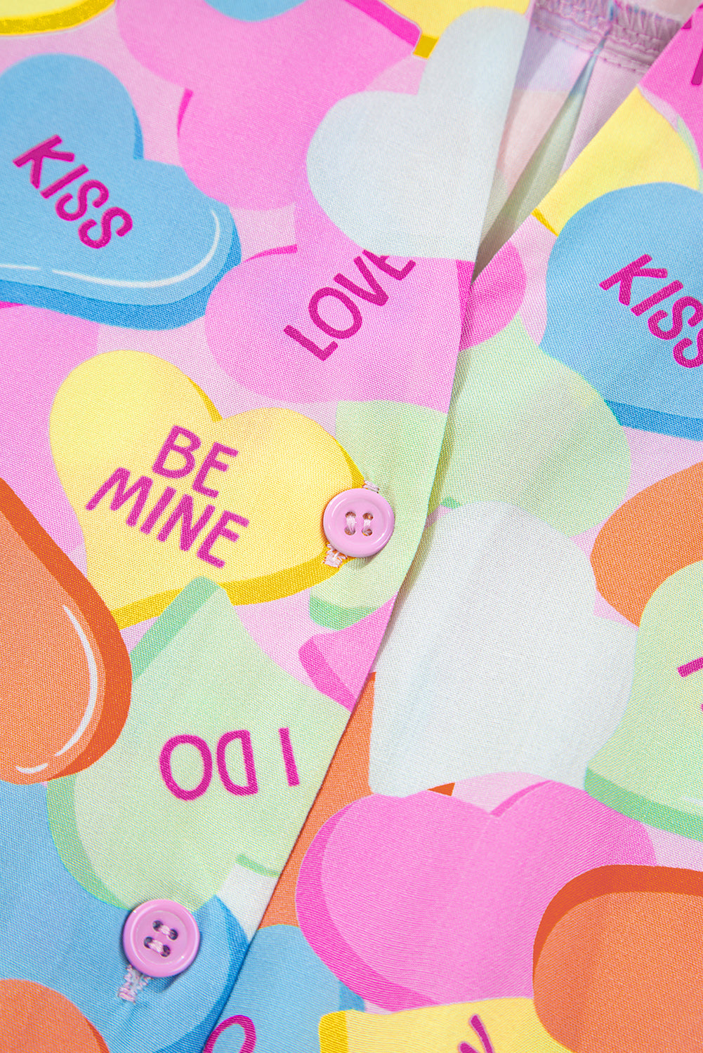 Pink Valentines Candy Heart V Neck Collared Tunic Shirt and Shorts 2pcs Pajama Set-Loungewear & Sleepwear/Loungewear-[Adult]-[Female]-2022 Online Blue Zone Planet