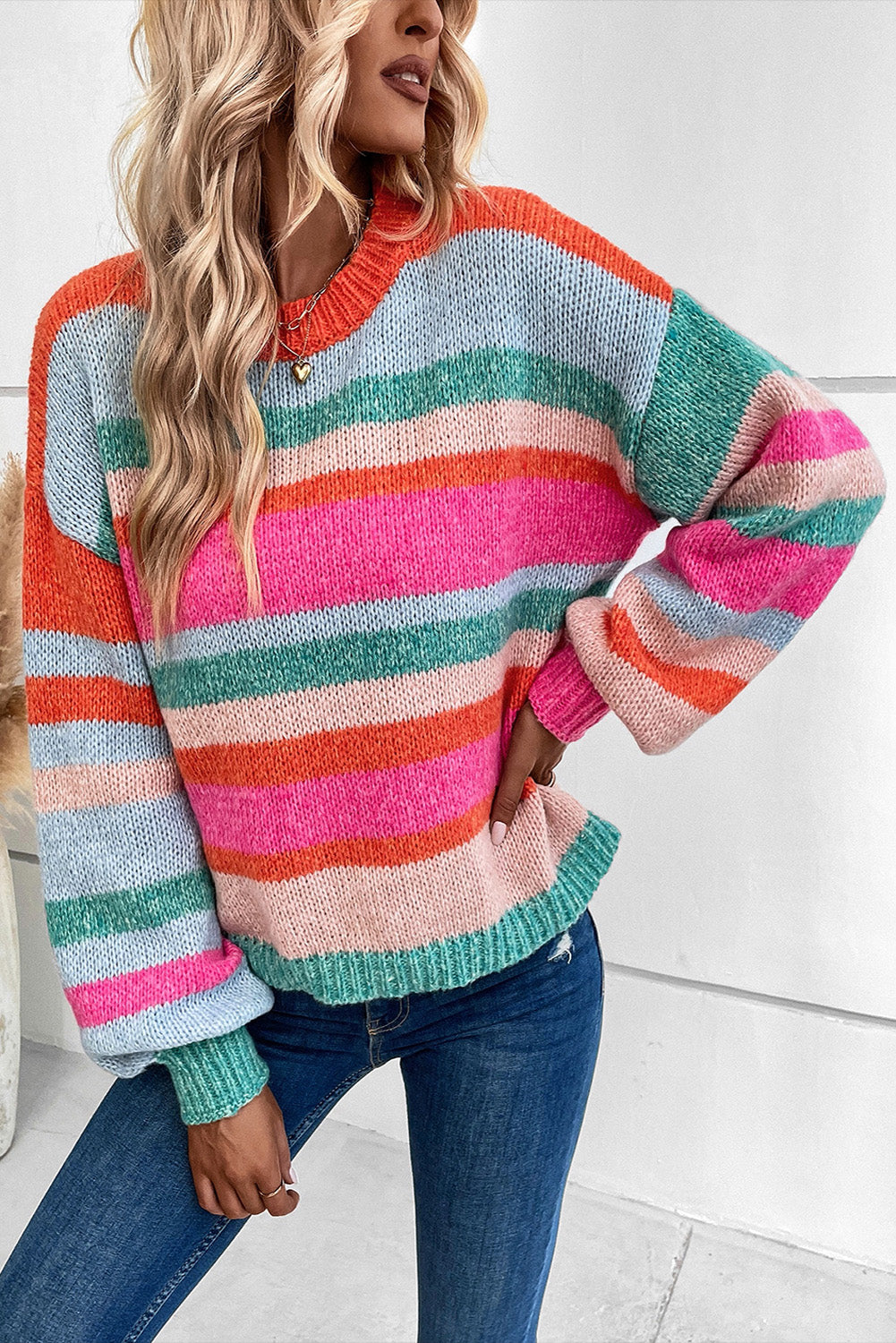 Multicolor Striped Knit Drop Shoulder Puff Sleeve Sweater-TOPS / DRESSES-[Adult]-[Female]-2022 Online Blue Zone Planet