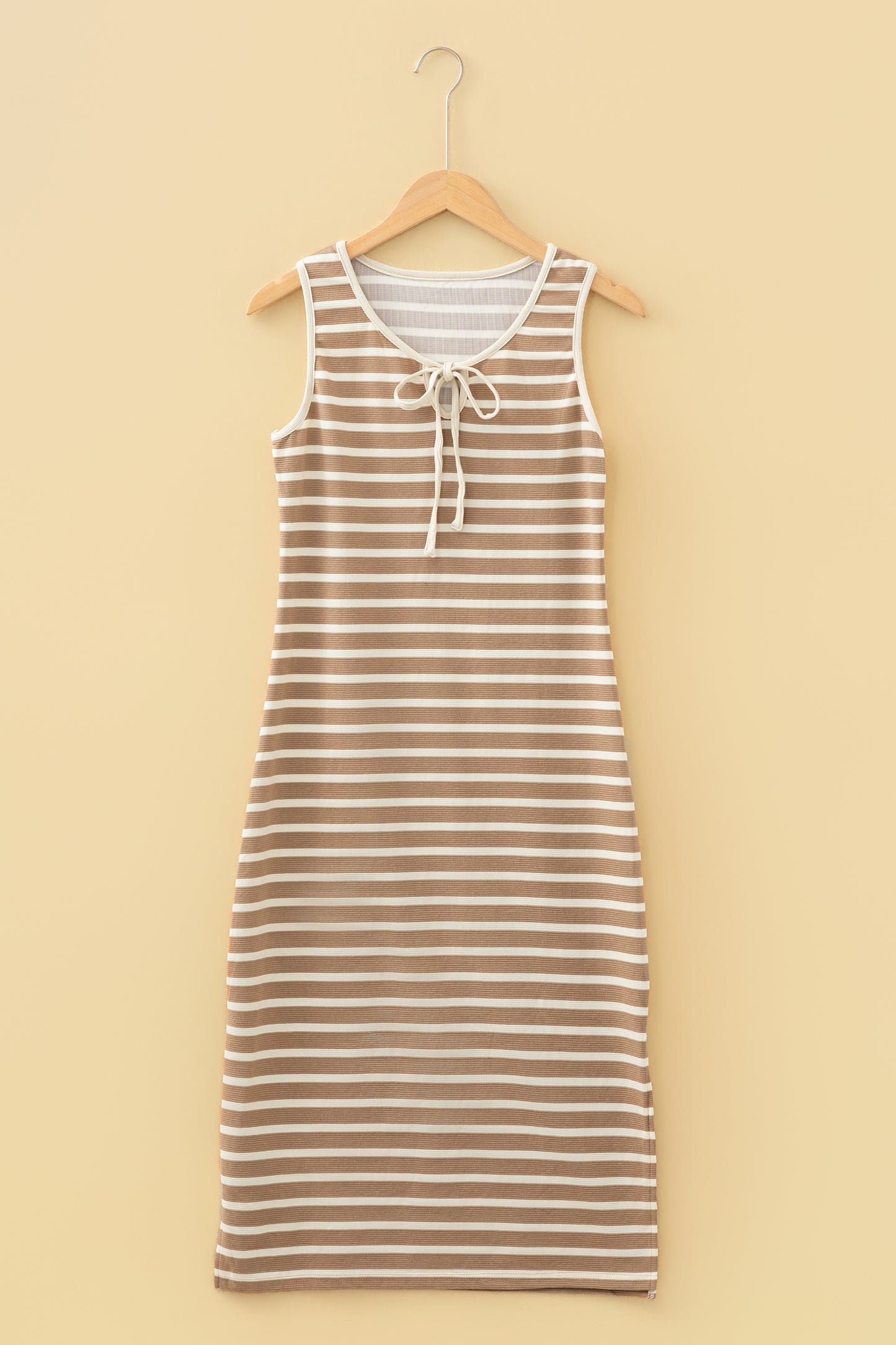 Khaki Stripe Tie V Neck Sleeveless Side Slit Midi Dress-TOPS / DRESSES-[Adult]-[Female]-2022 Online Blue Zone Planet