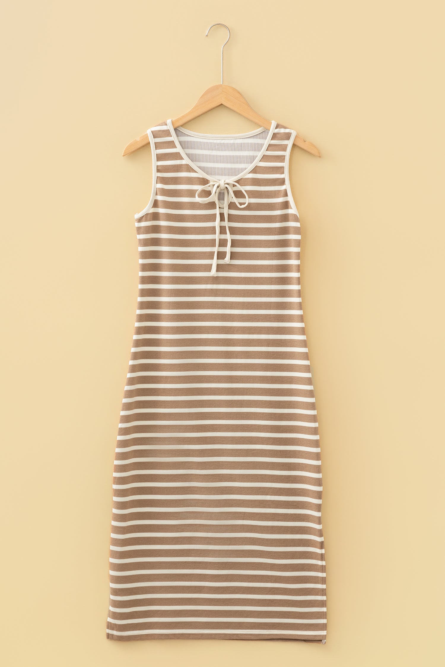 Khaki Stripe Tie V Neck Sleeveless Side Slit Midi Dress-TOPS / DRESSES-[Adult]-[Female]-2022 Online Blue Zone Planet