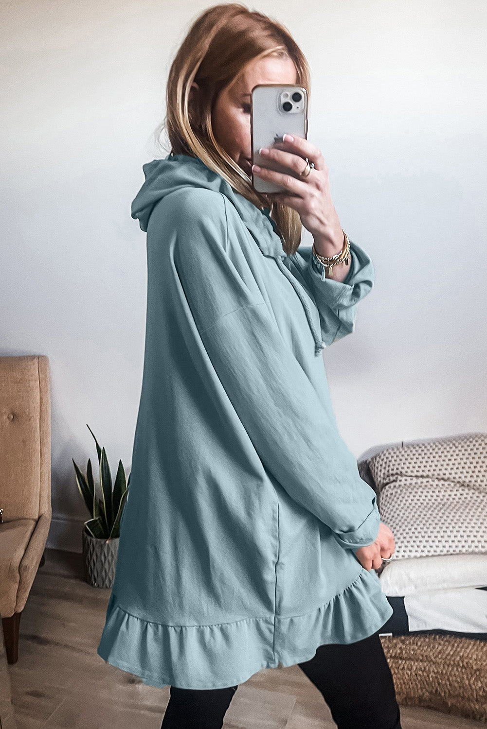 Iceland Blue Solid Ruffled Hem Loose Fit Tunic Hoodie-Tops/Sweatshirts & Hoodies-[Adult]-[Female]-2022 Online Blue Zone Planet