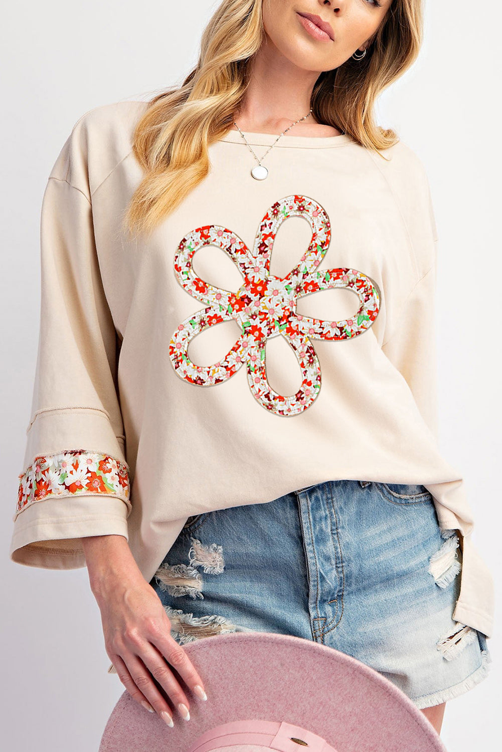 Beige Flower Patch Graphic Exposed Seam Wide Sleeve Top-Graphic/Graphic Long Sleeve Tees-[Adult]-[Female]-Beige-S-2022 Online Blue Zone Planet