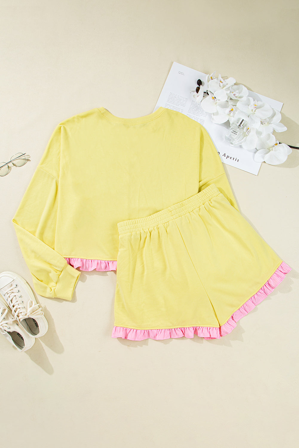 Yellow Contrast Plaid Ruffle Patchwork Pullover Top and Shorts Plus Size Set-Plus Size/Plus Size Loungewear-[Adult]-[Female]-2022 Online Blue Zone Planet