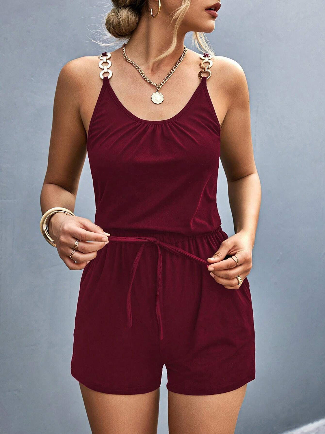 Pocketed Buckle Trim Scoop Neck Romper-TOPS / DRESSES-[Adult]-[Female]-2022 Online Blue Zone Planet