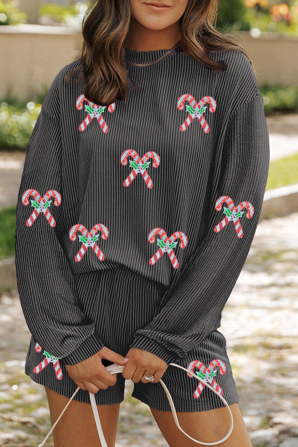 Carbon Grey Twisted Ribbed Sequin Holly Candy Cane Long Sleeve Top and Shorts 2pcs Outfit-Graphic/Graphic Sets-[Adult]-[Female]-Carbon Grey-S-2022 Online Blue Zone Planet