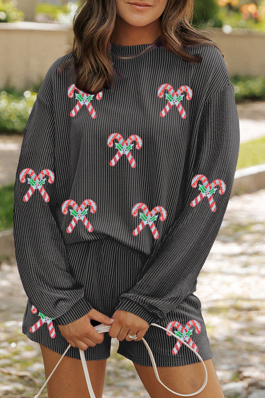 Carbon Grey Twisted Ribbed Sequin Holly Candy Cane Long Sleeve Top and Shorts 2pcs Outfit-Graphic/Graphic Sets-[Adult]-[Female]-Carbon Grey-S-2022 Online Blue Zone Planet