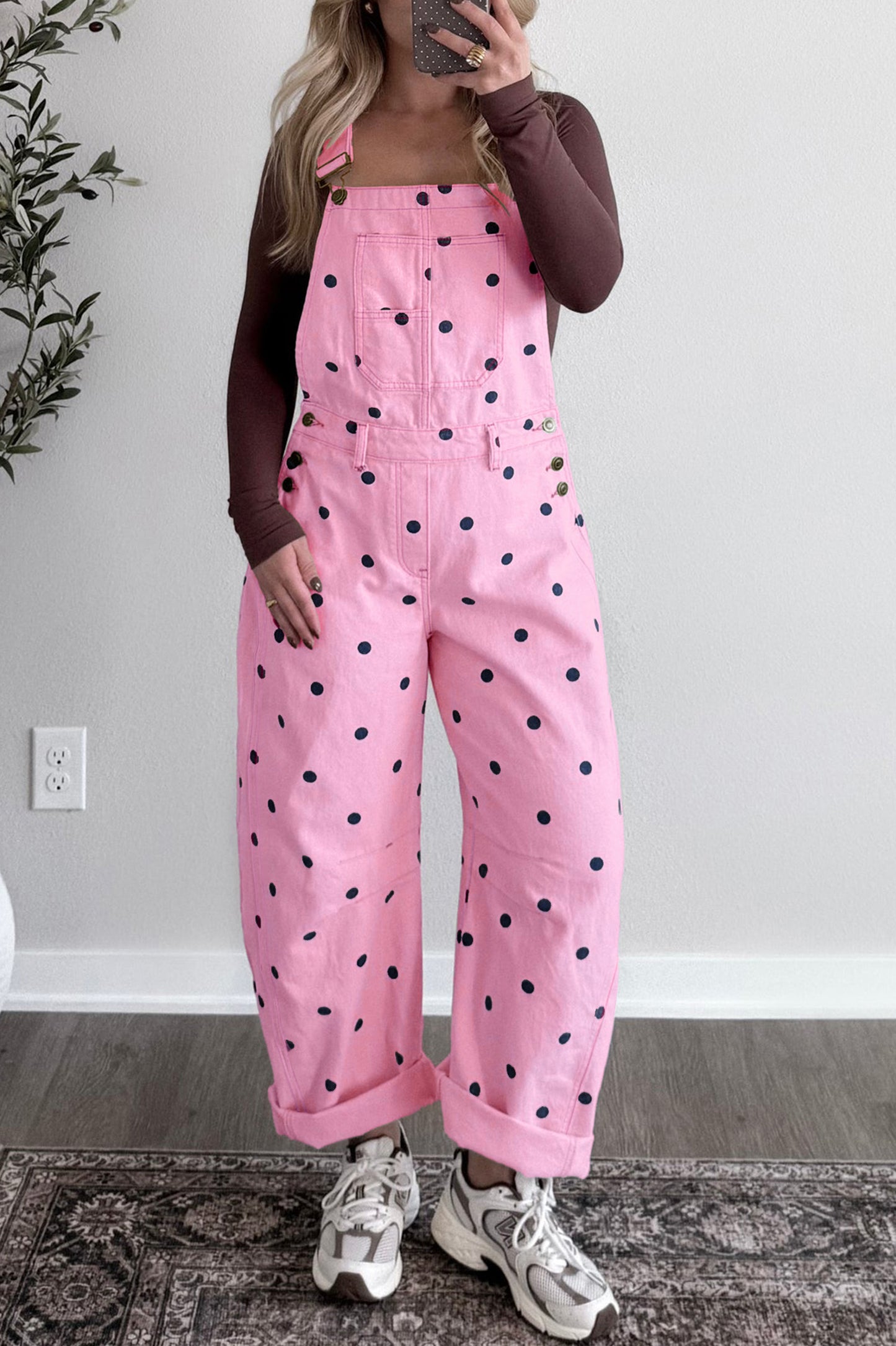 Jet Stream Polka Dot Print Bib Pocket Denim Barrel Overalls Jumpsuit-Bottoms/Jumpsuits & Rompers-[Adult]-[Female]-Phalaenopsis-S-2022 Online Blue Zone Planet